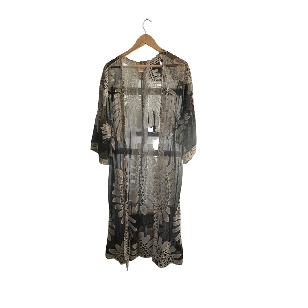 Indigo Thread Co Black Mesh Lace Kimono Cover Up One Size - Picture 2 of 15